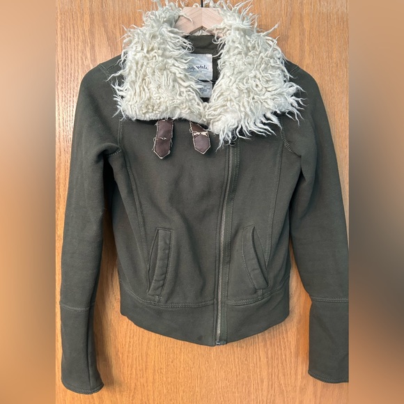 Aeropostale jacket 87 Moto jacket olive green Sherpa faux fur size Small zipper - Picture 8 of 16